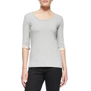 Burberry Brit Women's Cotton Check Trim Cuff Short Sleeve Top in Grey Melange XS